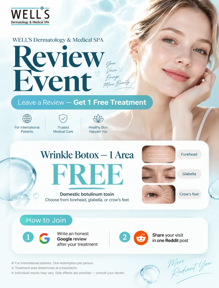 Wells Clinic review event: leave a Google review and get 1 free wrinkle Botox area